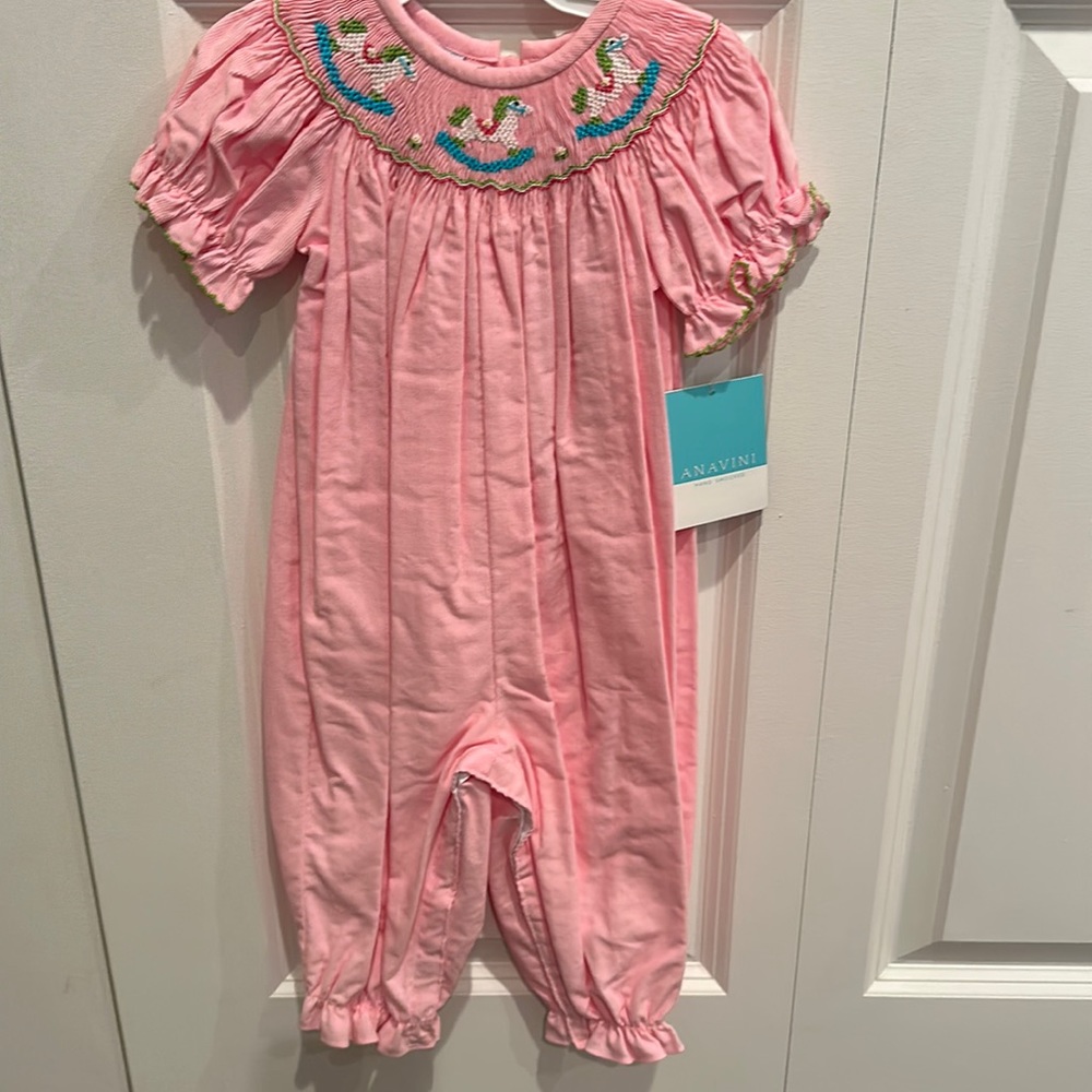 NWT Anavini Rocking horse corduroy smocked pink outfit